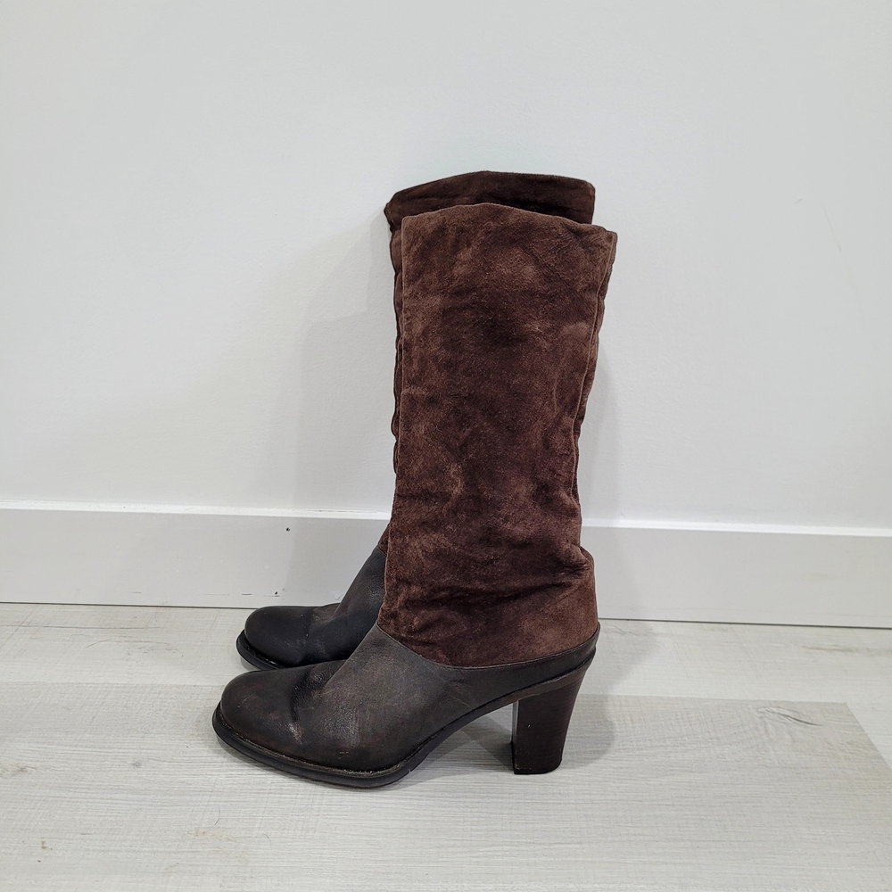 Women's Brown Suede & Leather Wood Heeled Boots - Picture 3 of 10